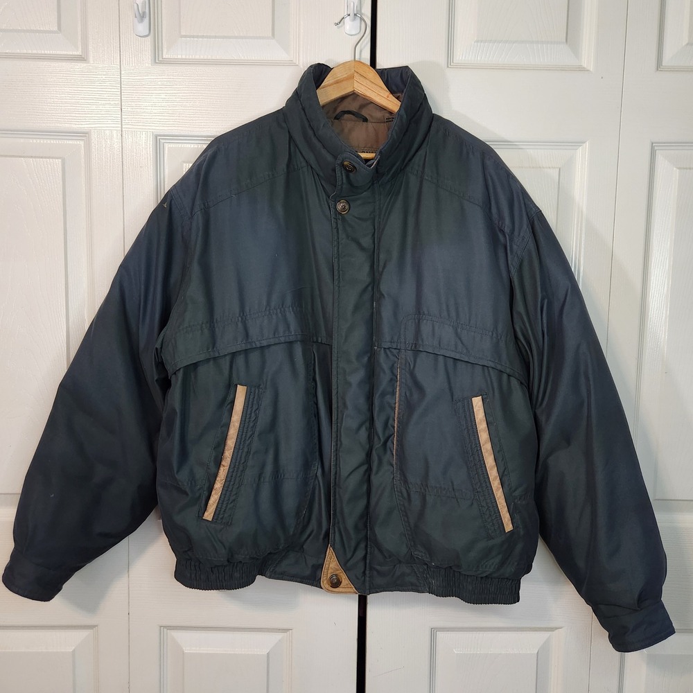 VTG Members Only Down Puffer Jacket Mens Large Green Leather Trim Quilted Coat